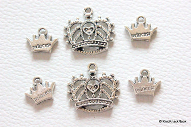 Silver Tone Crown Princess Charms Collection x 6